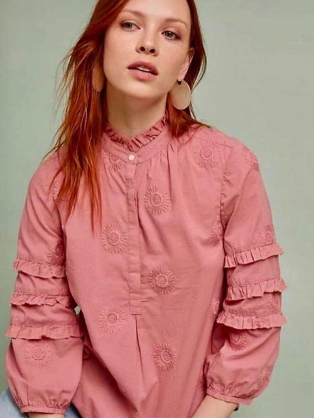 Anthropolgie Oversize Bell Sleeve Embroidered Boho Cottage Core Peasant Top Sz S
